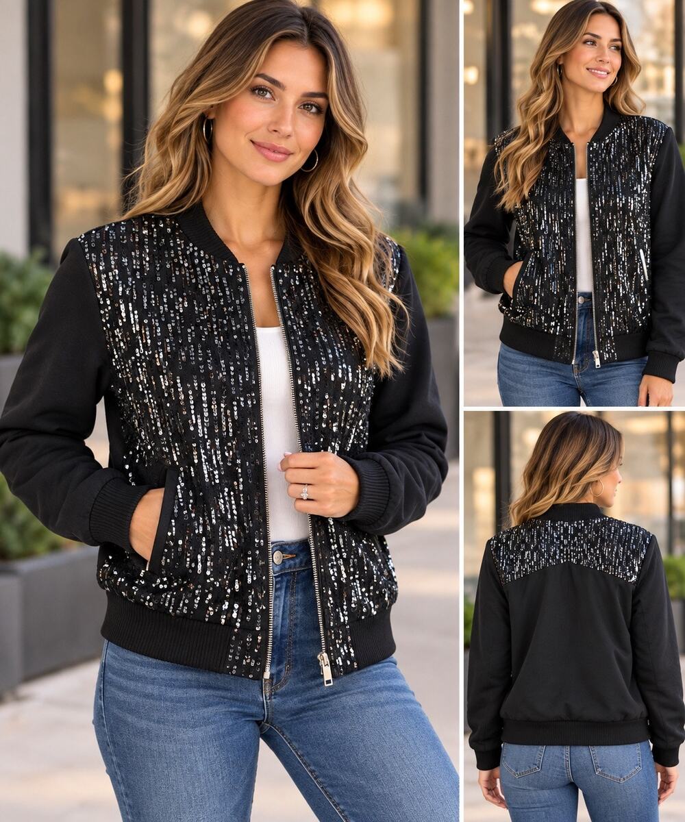 Zara Black Sequin Bomber Jacket L Multicolor Sparkle Zip Party Festival